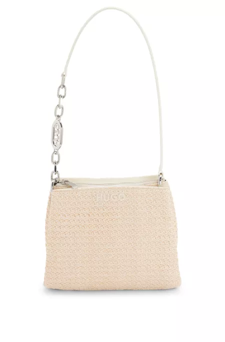 Raffia-effect shoulder bag with logo-hardware strap