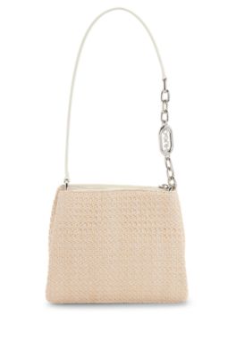Bolso bandolera con efecto de rafia y correa con logo en los detalles met&aacute;licos, Blanco