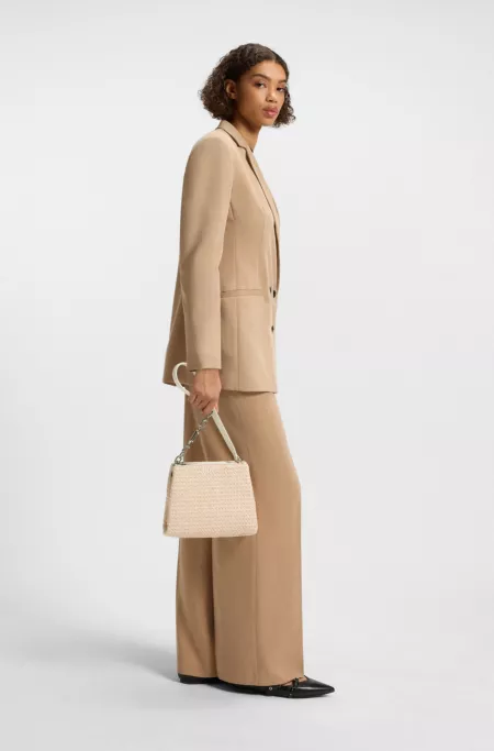 Raffia-effect shoulder bag with logo-hardware strap