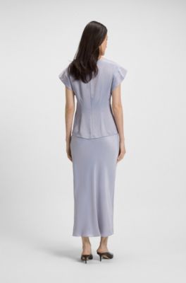 Blusa slim fit de sat&eacute;n con escote drapeado, Gris claro