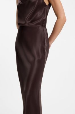 Midi-length A-line skirt in lustrous fabric, Brown