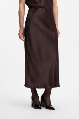 Midi-length A-line skirt in lustrous fabric, Brown