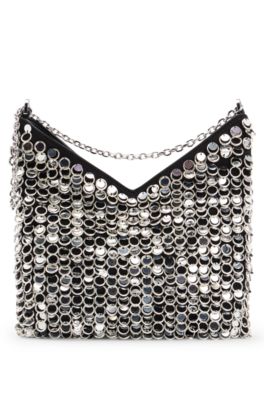 Chain-strap shoulder bag with rings and sequins, Silver