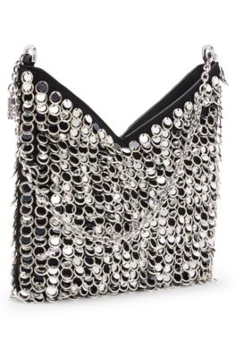 Chain-strap shoulder bag with rings and sequins, Silver