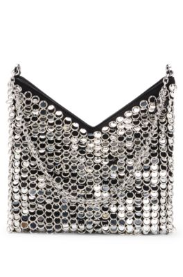 Chain-strap shoulder bag with rings and sequins, Silver