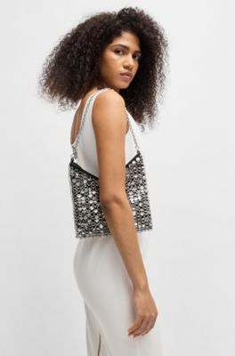 Chain-strap shoulder bag with rings and sequins, Silver