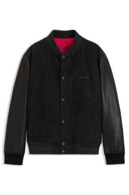 Cazadora bomber de ante con mangas de piel granulada, Negro