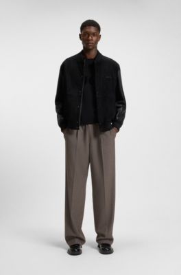 Cazadora bomber de ante con mangas de piel granulada, Negro