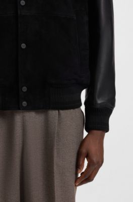 Cazadora bomber de ante con mangas de piel granulada, Negro