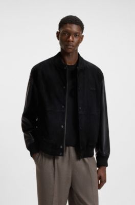 Cazadora bomber de ante con mangas de piel granulada, Negro