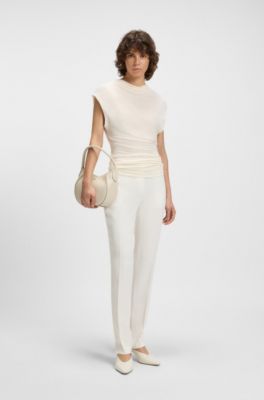 High-neck top in matte fabric, White