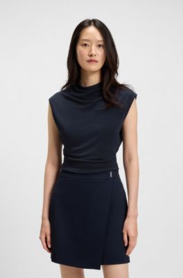 High-neck top in matte fabric, Dark Blue