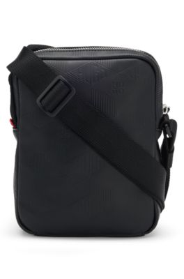 Faux-leather reporter bag with stacked and geometric logos, Black