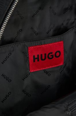 Faux-leather backpack with geometric and stacked logos, Black