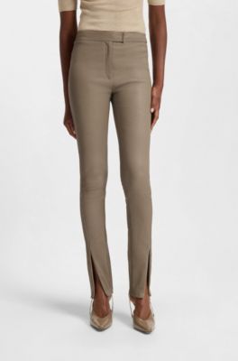 Leather leggings with logo-hook closure, Light Brown