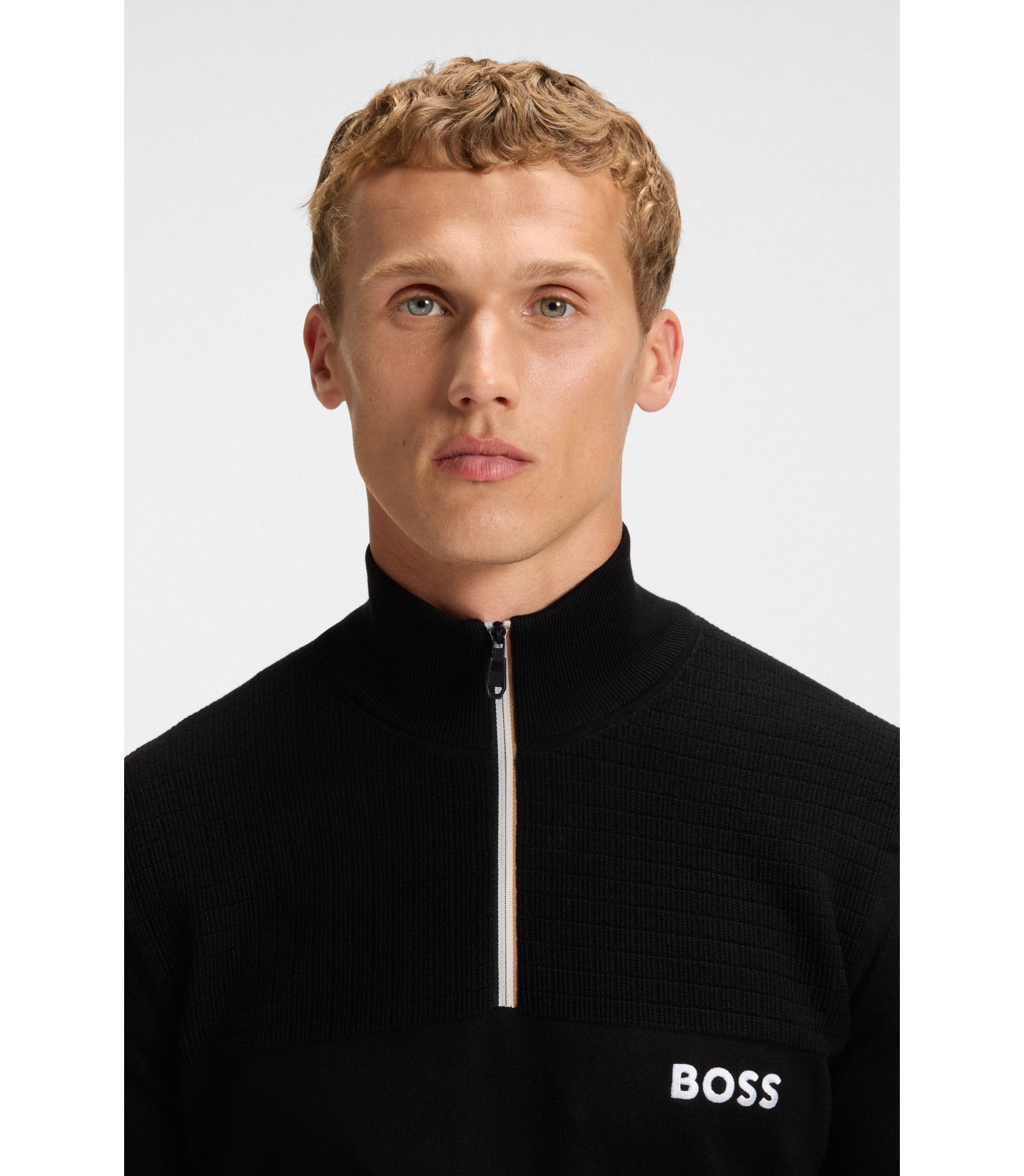BOSS - Water-repellent zip-neck sweater in a cotton blend - Black
