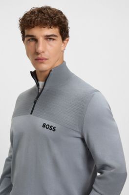 Pull en coton m&eacute;lang&eacute; d&eacute;perlant &agrave; encolure zipp&eacute;e, Gris sombre