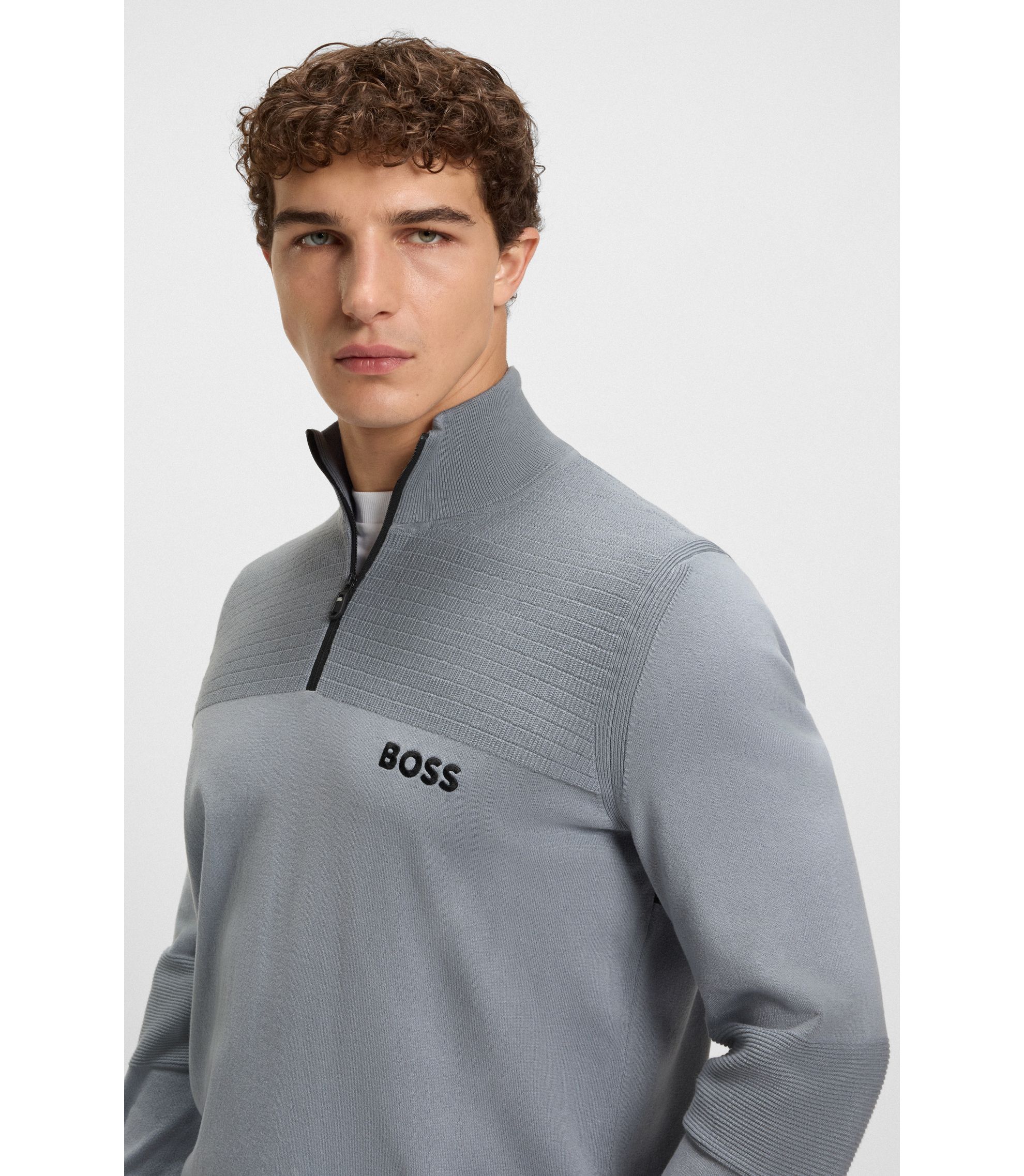 BOSS - Water-repellent zip-neck sweater in a cotton blend - Dark Grey