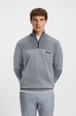 Pull en coton m&eacute;lang&eacute; d&eacute;perlant &agrave; encolure zipp&eacute;e, Gris sombre