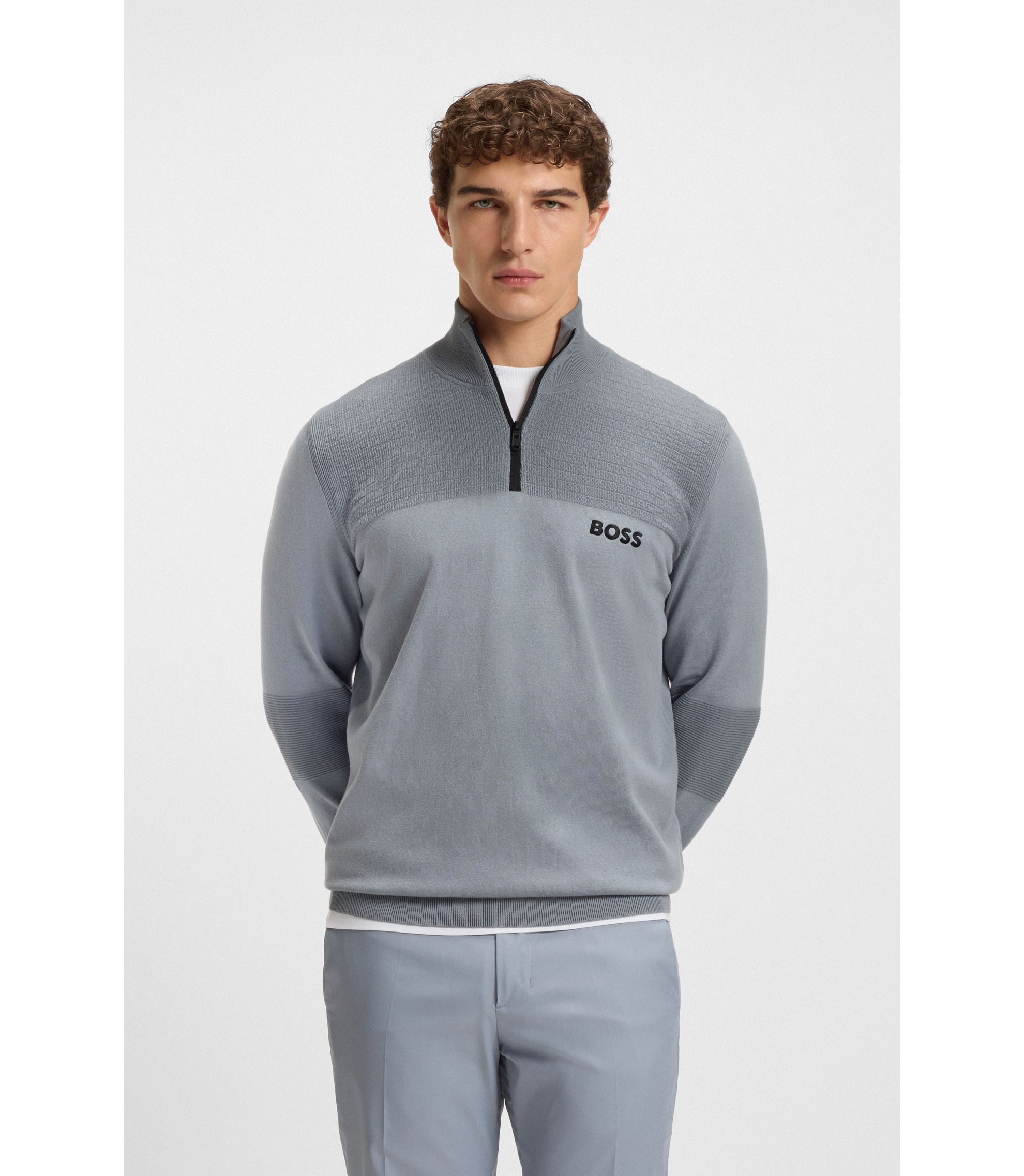 BOSS - Water-repellent zip-neck sweater in a cotton blend - Dark Grey