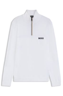 Pull en coton m&eacute;lang&eacute; d&eacute;perlant &agrave; encolure zipp&eacute;e, Blanc