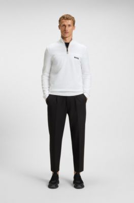 Pull en coton m&eacute;lang&eacute; d&eacute;perlant &agrave; encolure zipp&eacute;e, Blanc