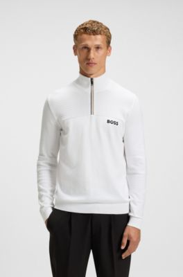 Pull en coton m&eacute;lang&eacute; d&eacute;perlant &agrave; encolure zipp&eacute;e, Blanc