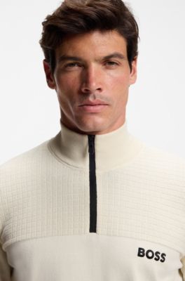 Pull en coton m&eacute;lang&eacute; d&eacute;perlant &agrave; encolure zipp&eacute;e, Blanc