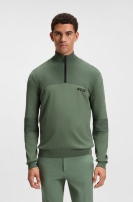 Pull en coton m&eacute;lang&eacute; d&eacute;perlant &agrave; encolure zipp&eacute;e, Chaux