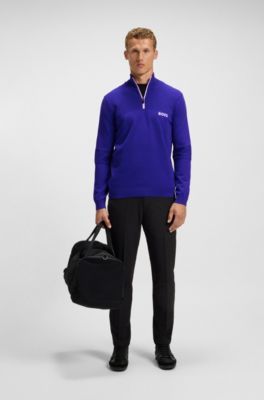 Water-repellent zip-neck sweater in a cotton blend, Blue