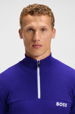 Water-repellent zip-neck sweater in a cotton blend, Blue