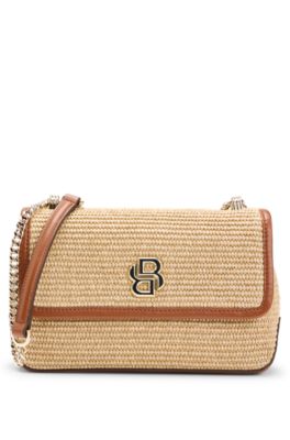 Bolso bandolera efecto rafia con monograma Double B, Caqui