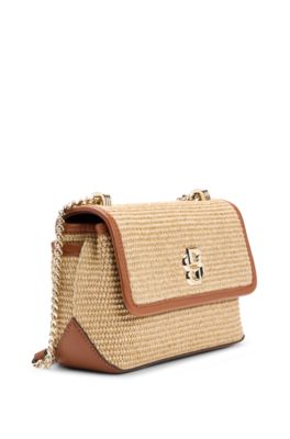 Bolso bandolera efecto rafia con monograma Double B, Caqui