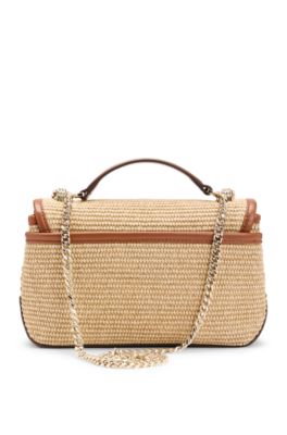 BOSS - Raffia-effect shoulder bag with Double B monogram - Khaki