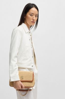 Bolso bandolera efecto rafia con monograma Double B, Caqui