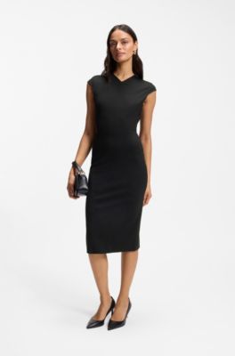 Stretch-fabric dress with cap sleeves, Black