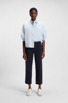 Chinos tapered fit de raso de algod&oacute;n el&aacute;stico, Azul oscuro