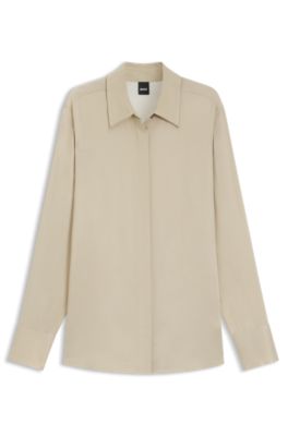 Slim-fit blouse in satin, Light Beige