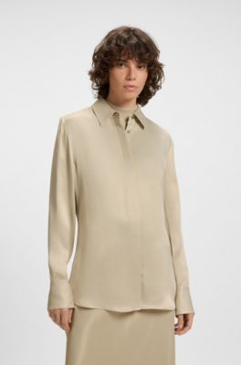 Slim-fit blouse in satin, Light Beige