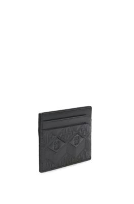 Leather card holder with geometric and stacked logos, Black