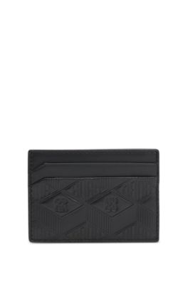 Leather card holder with geometric and stacked logos, Black