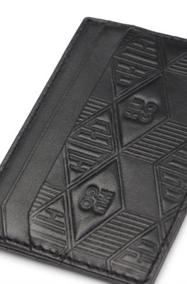 Leather card holder with geometric and stacked logos, Black