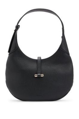 Pebbled-leather hobo bag with golden hardware, Black