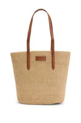 Raffia tote bag with detachable pouch, White