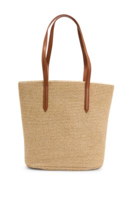 Raffia tote bag with detachable pouch, White