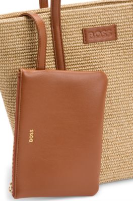 Raffia tote bag with detachable pouch, White