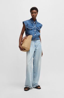 Raffia tote bag with detachable pouch, White