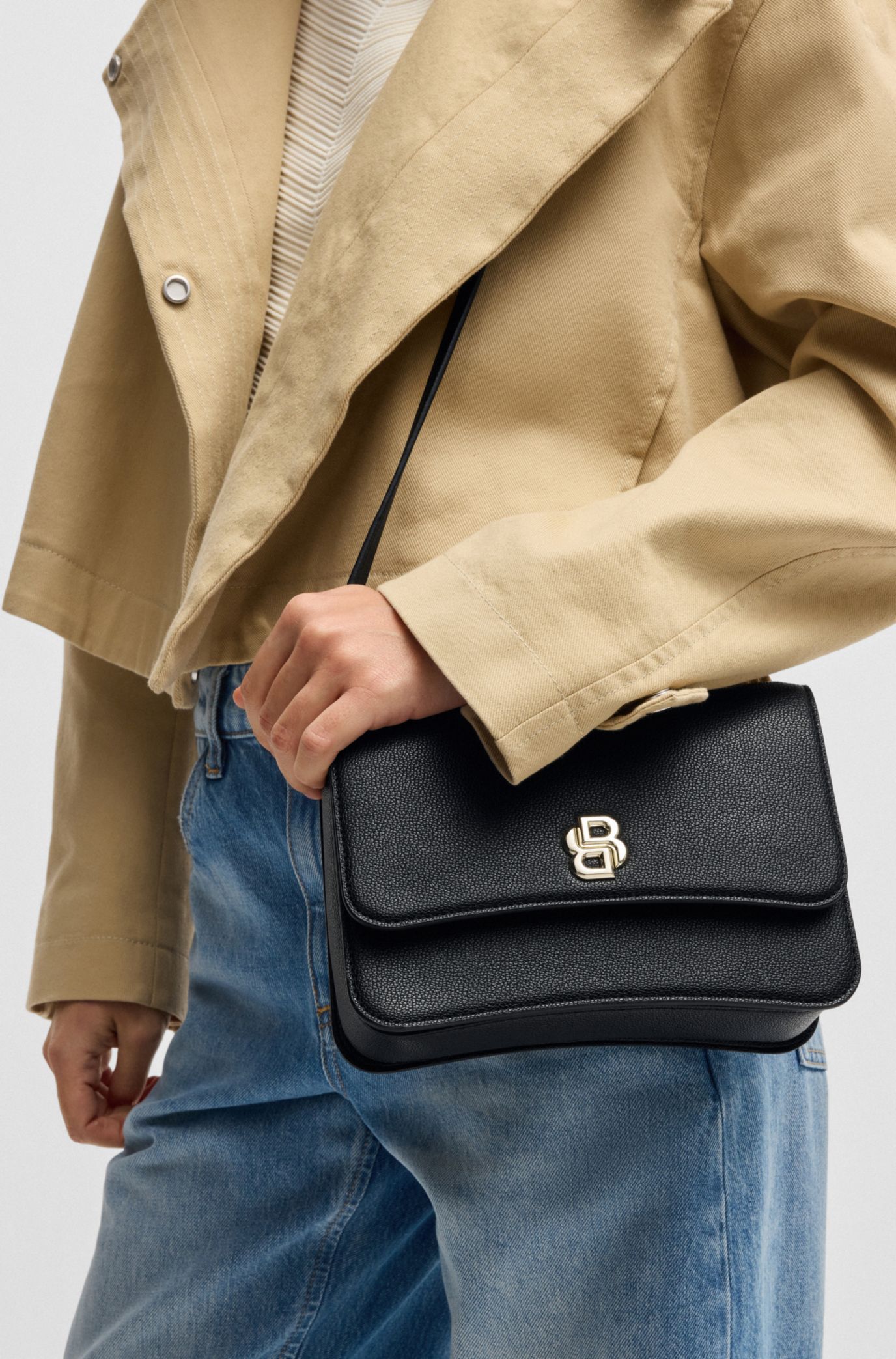 BOSS - Leather crossbody bag with Double B monogram - Black