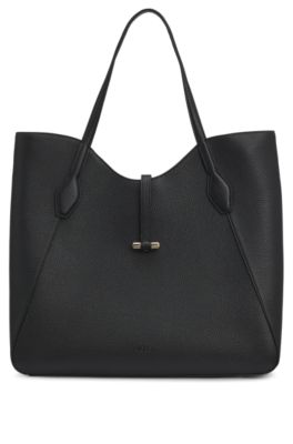 Pebbled-leather tote bag with golden hardware, Black