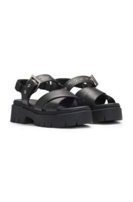 Leather sandals with buckled strap and chunky sole, Black
